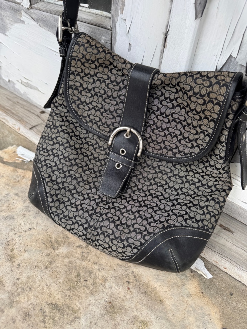 Designer-Inspired Black Signature Monogram Shoulder Bag with Buckle Strap